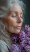 AI generated Joyful senior woman enjoying the fragrance of lilacs photo