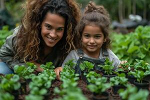AI generated Mom and her daughter are busy with seedlings. Gardening in spring photo