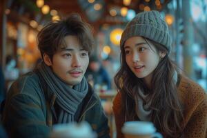 ai generado coreano Pareja en su 20s es teniendo un conversacion a un café foto