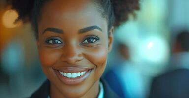 AI Generated Cheerful businesswoman working on desktop computer photo