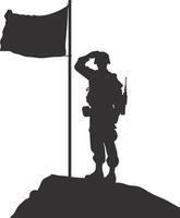 ai generado silueta soldados o Ejército actitud en frente de el negro bandera negro color solamente vector