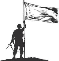 AI generated Silhouette Soldiers or Army pose in front of the white flag black color only vector