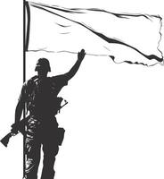 AI generated Silhouette Soldiers or Army pose in front of the white flag black color only vector