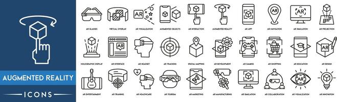 Augmented Reality Outline Icon Collection. AR Glasses, Virtual Overlay, Collaboration, AR Visualization, Augmented Objects, Simulation, Navigation, AR Simulation, Holographic and Display Development vector