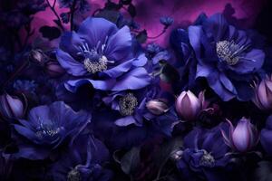 AI generated Vibrant Purple flowers closeup dramatic. Generate Ai photo