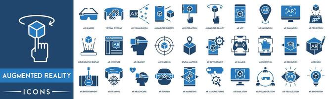 Augmented Reality Outline Icon Collection. AR Glasses, Virtual Overlay, Collaboration, AR Visualization, Augmented Objects, Simulation, Navigation, AR Simulation, Holographic and Display Development vector