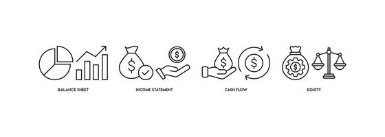 Banner of financial statement web icon vector illustration concept with icon of graph, balance sheet, pie chart, income statements, money, calculator