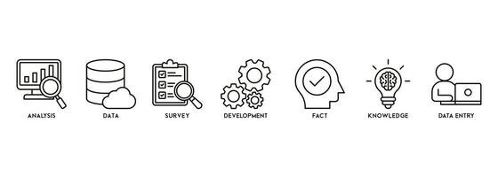 bandera investigación concepto vector ilustración con el icono de análisis, datos, encuesta, desarrollo, hecho, conocimiento y datos entrada