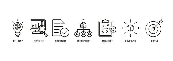 planificación concepto vector ilustración con bandera íconos de concepto, análisis, Lista de Verificación, liderazgo, estrategia, delegar y metas