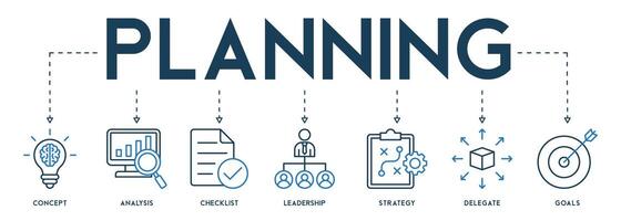 planificación concepto vector ilustración con bandera íconos de concepto, análisis, Lista de Verificación, liderazgo, estrategia, delegar y metas