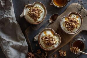 AI generated Yogurt in the shape of a heart. Serve with honey and granola photo