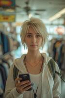 AI generated Woman with short blond hair, about 25 years old. Taking a selfie, holding a smartphone in a large mirror in a clothing store photo