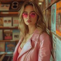 AI generated young slavic woman in a pink leather jacket and pink sunglasses in a music store photo