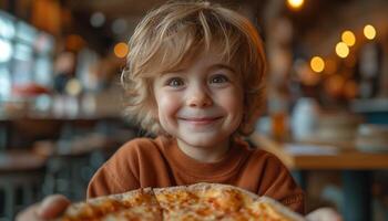 ai generado retrato de niño deleitando en pizzería Pizza foto