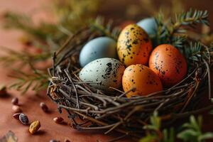 ai generado nido con vistoso Pascua de Resurrección huevos y primavera flores en un melocotón de colores antecedentes foto