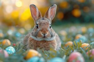 ai generado Conejo en un campo lleno con de colores pequeño Pascua de Resurrección huevos foto