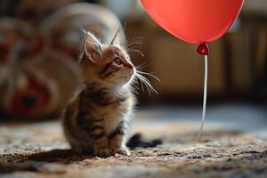 AI generated Little kitten in the living room with a red balloon. Gift concept photo