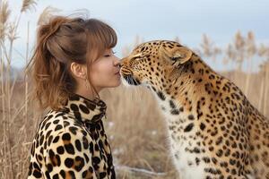 ai generado minimalismo, un mujer en un leopardo impresión traje soportes siguiente a un leopardo foto