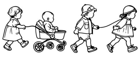 Continuous one black line art hand drawing child walking doodles outline cartoon characters set style coloring page vector illustration  on white background