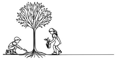 Continuous one black line art drawing Silhouette of children planting tree. Shovel digs roots plant into ground to save the world and earth day reduce global warming growth vector