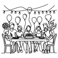 single continuous drawing black line family dinner sitting at table to celebration anniversary happy birthday party doodles vector