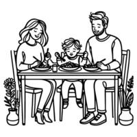 Continuous one black line art drawing happy family father and mother with child. having dinner sitting at table doodles style vector illustration on white background