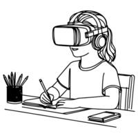 single continuous drawing black line art linear girl using virtual reality headset simulator glasses to learn new technology vector