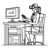 single continuous drawing black line art linear woman in office using virtual reality headset simulator glasses with computer doodle style sketch vector