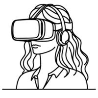 single continuous drawing black line art linear girl using virtual reality headset simulator glasses to learn new technology vector