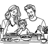 Continuous one black line art drawing happy family father and mother with child. having dinner sitting at table doodles style vector illustration on white background