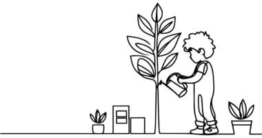 continuo uno negro línea Arte dibujo silueta de niños riego un árbol. plantando árbol a salvar el mundo y tierra día reducir global calentamiento crecimiento concepto vector ilustración en blanco antecedentes