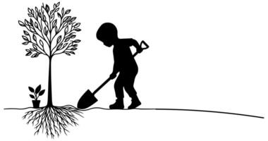 continuo uno negro línea Arte dibujo silueta de niños plantando árbol. pala alojamiento raíces planta dentro suelo a salvar el mundo y tierra día reducir global calentamiento crecimiento vector