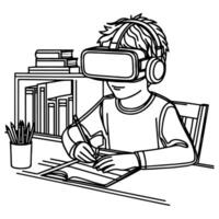 single continuous drawing black line art linear boy using virtual reality headset simulator glasses to learn new technology vector