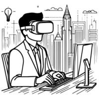 single continuous drawing black line art linear businessman in office using virtual reality headset simulator glasses with computer doodle style sketch vector