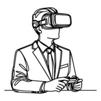 single continuous drawing black line art linear businessman in office using virtual reality headset simulator glasses with computer doodle style sketch vector