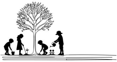 continuo uno negro línea Arte dibujo silueta de niños riego un árbol. plantando árbol a salvar el mundo y tierra día reducir global calentamiento crecimiento concepto vector ilustración en blanco antecedentes