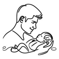 Continuous one black line art drawing parents with newborn baby doodles outline style vector illustration on white background