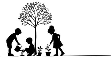 continuo uno negro línea Arte dibujo silueta de niños riego un árbol. plantando árbol a salvar el mundo y tierra día reducir global calentamiento crecimiento concepto vector ilustración en blanco antecedentes