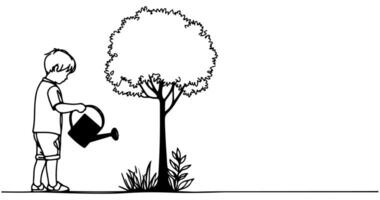 Continuous one black line art drawing Silhouette of children watering a tree. planting tree to save the world and earth day reduce global warming growth concept vector illustration on white background