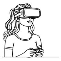 single continuous drawing black line art linear girl using virtual reality headset simulator glasses to learn new technology vector