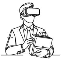 single continuous drawing black line art linear businessman in office using virtual reality headset simulator glasses with computer doodle style sketch vector