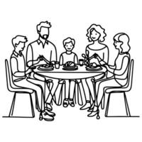 Continuous one black line art drawing happy family father and mother with child. having dinner sitting at table doodles style vector illustration on white background