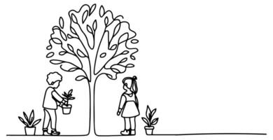 Continuous one black line art drawing Silhouette of children planting tree. Shovel digs roots plant into ground to save the world and earth day reduce global warming growth vector