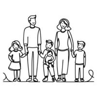 Continuous one black line art drawing happy family father and mother with child doodles style vector illustration on white