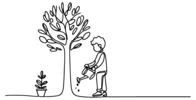 continuo uno negro línea Arte dibujo silueta de niños plantando árbol. pala alojamiento raíces planta dentro suelo a salvar el mundo y tierra día reducir global calentamiento crecimiento vector