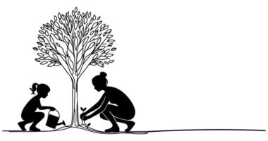 continuo uno negro línea Arte dibujo silueta de niños riego un árbol. plantando árbol a salvar el mundo y tierra día reducir global calentamiento crecimiento concepto vector ilustración en blanco antecedentes