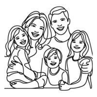 Continuous one black line art drawing happy family father and mother with child doodles style vector illustration on white