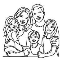 Continuous one black line art drawing happy family father and mother with child doodles style vector illustration on white