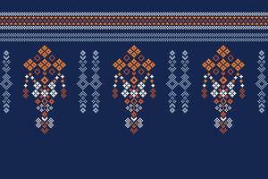 Traditional ethnic motifs ikat geometric fabric pattern cross stitch.Ikat embroidery Ethnic oriental Pixel navy blue background. Abstract,vector,illustration. Texture,scarf,decoration,wallpaper. vector