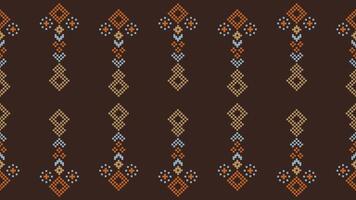 Traditional ethnic motifs ikat geometric fabric pattern cross stitch.Ikat embroidery Ethnic oriental Pixel brown background. Abstract,vector,illustration. Texture,scarf,decoration,wallpaper. vector